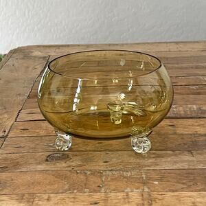Vintage Hand-blown Footed Candy Dish 4" Tall Light Amber Yellow w Clear Feet